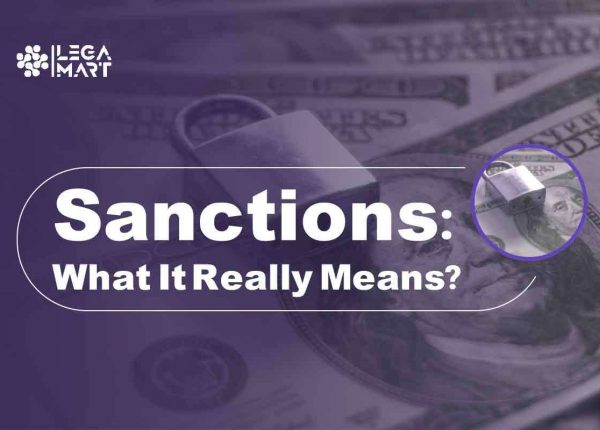 A purple poster on what are sanctions