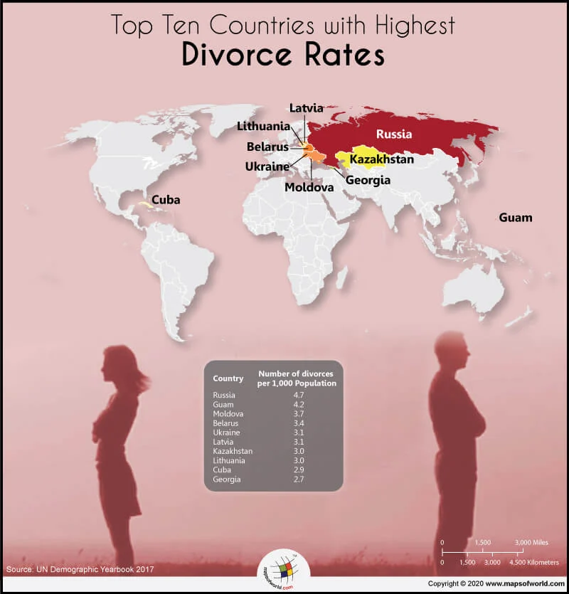 world map depicting top 10 countries with highest divorce rates - Divorce in Divorce