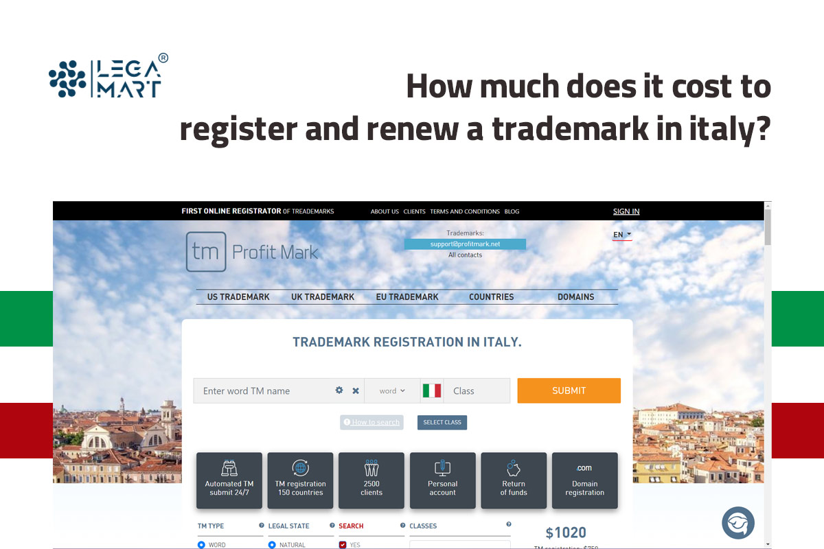 Price for registering and renewing a trademark in Italy