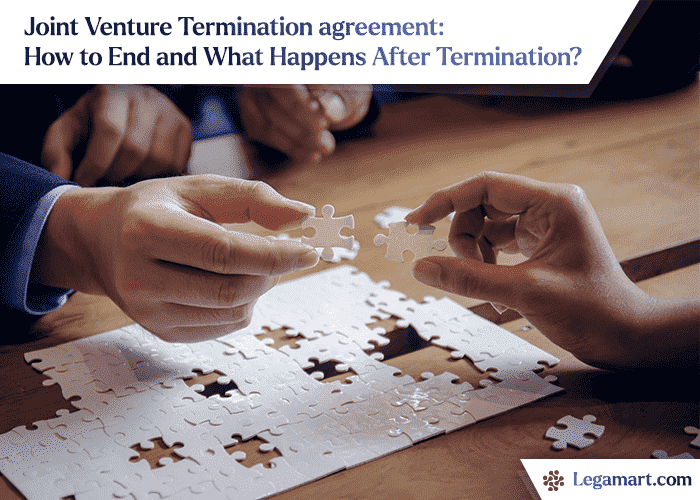 Two parties are joining two puzzle pieces to indicate that they are drafting a joint venture termination agreement