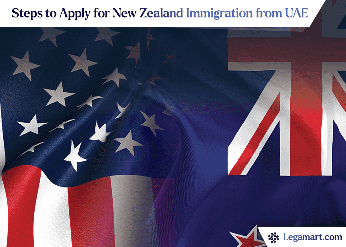 New Zealand flag with the text "steps to apply for New Zealand immigration from UAE"