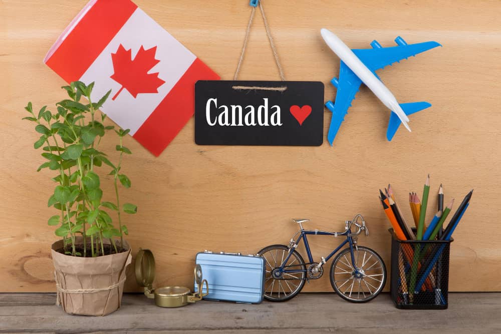 travel time concept blackboard with text canada love flag canada airplane model little bicycle suitcase compass min - Canada Visa for Brazilian in Immigration Law
