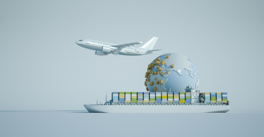 The picture of a plane, globe and ship showing the importance of incoterms in international trade.
