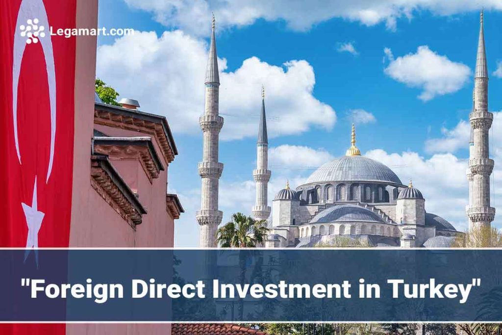 A picture of mosque with a poster onForeign Direct Investment in Turkey