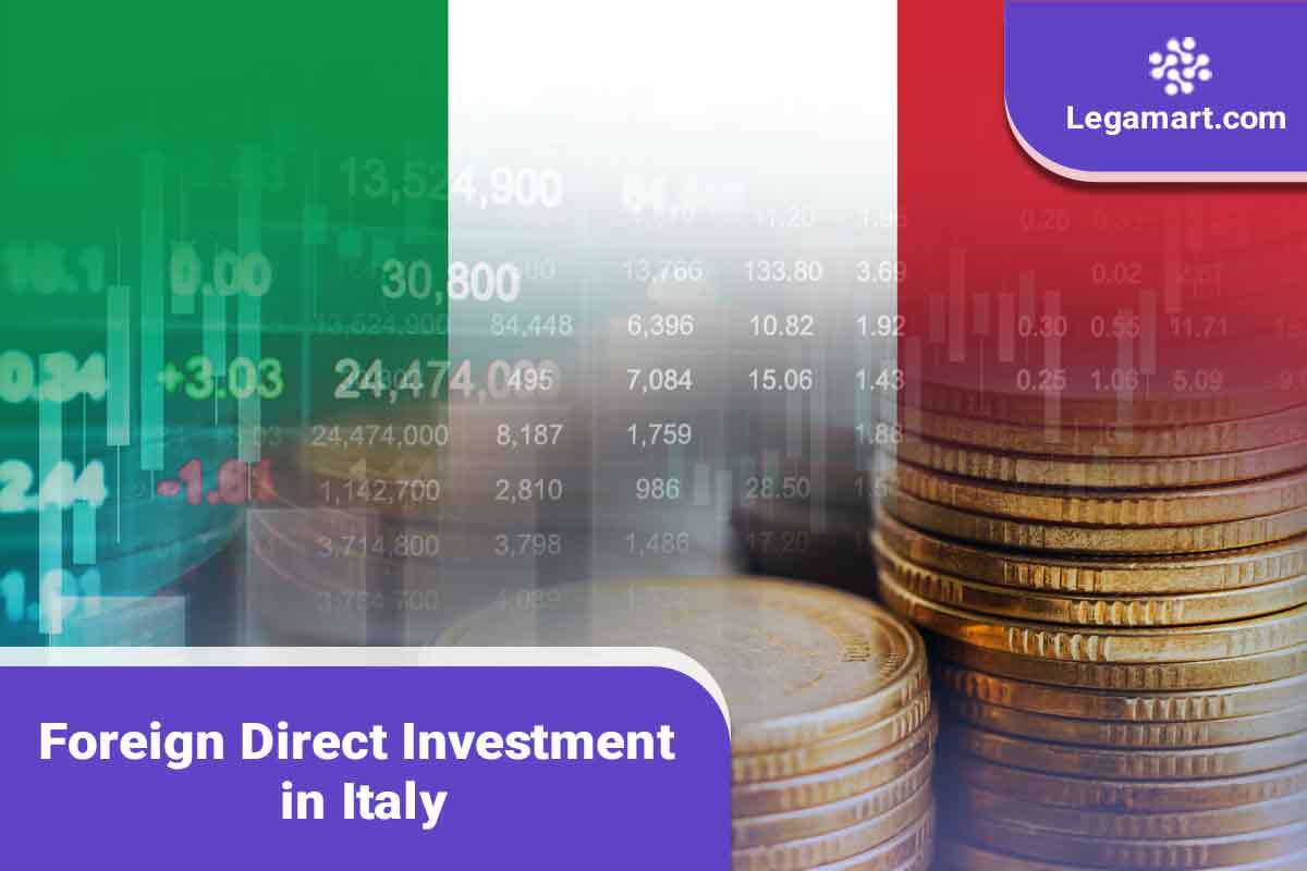 A poster with data and Italian flag showing Foreign Direct Investment in Italy