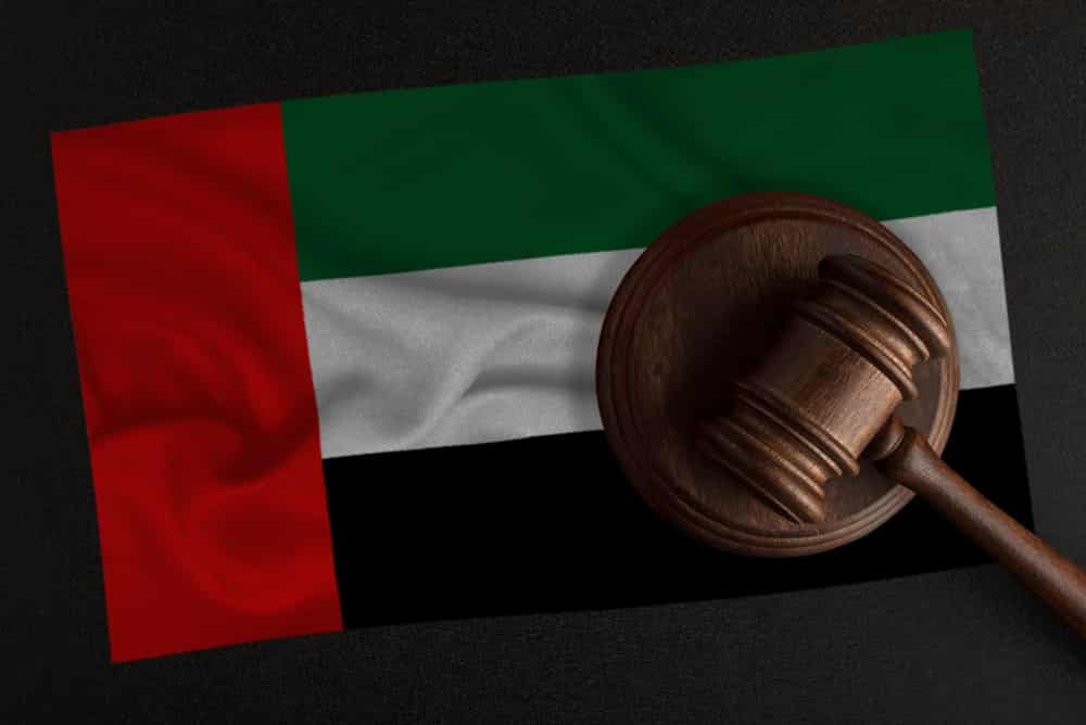 A wooden hammer and flag in a court governing UAE New commercial companies law