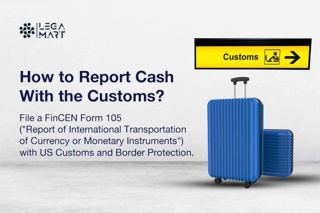 A immigration with his blue luggage reporting the cash to customs