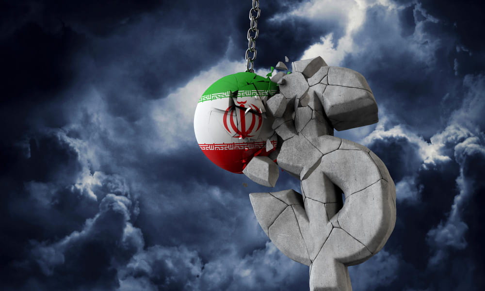A Iran flag ball colliding with dollar showing sanctions Against Iran