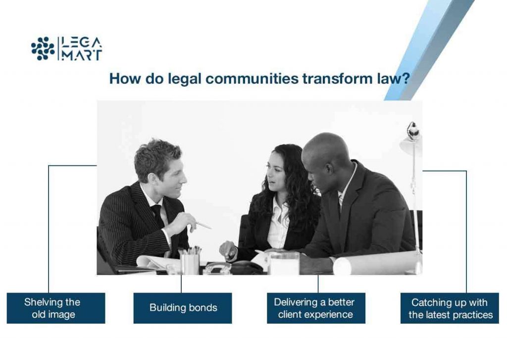 Three people discussing about legal communities transforming law
