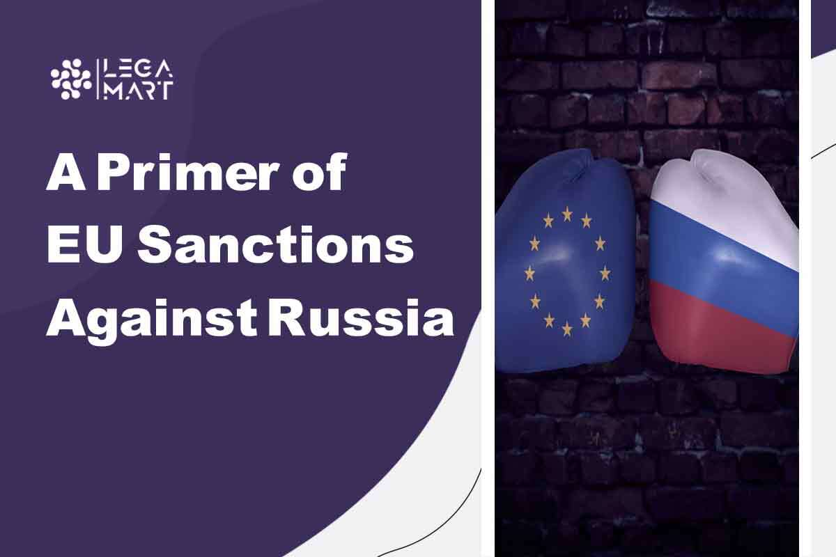 Two boxing gloves with russia and ukraine amid implementation of EU Sanctions Against Russia