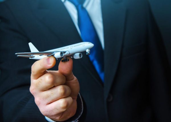 A lawyer holding a mini aeroplane and explaining about International Flights laws