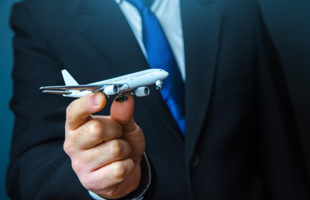 A lawyer holding a mini aeroplane and explaining about International Flights laws